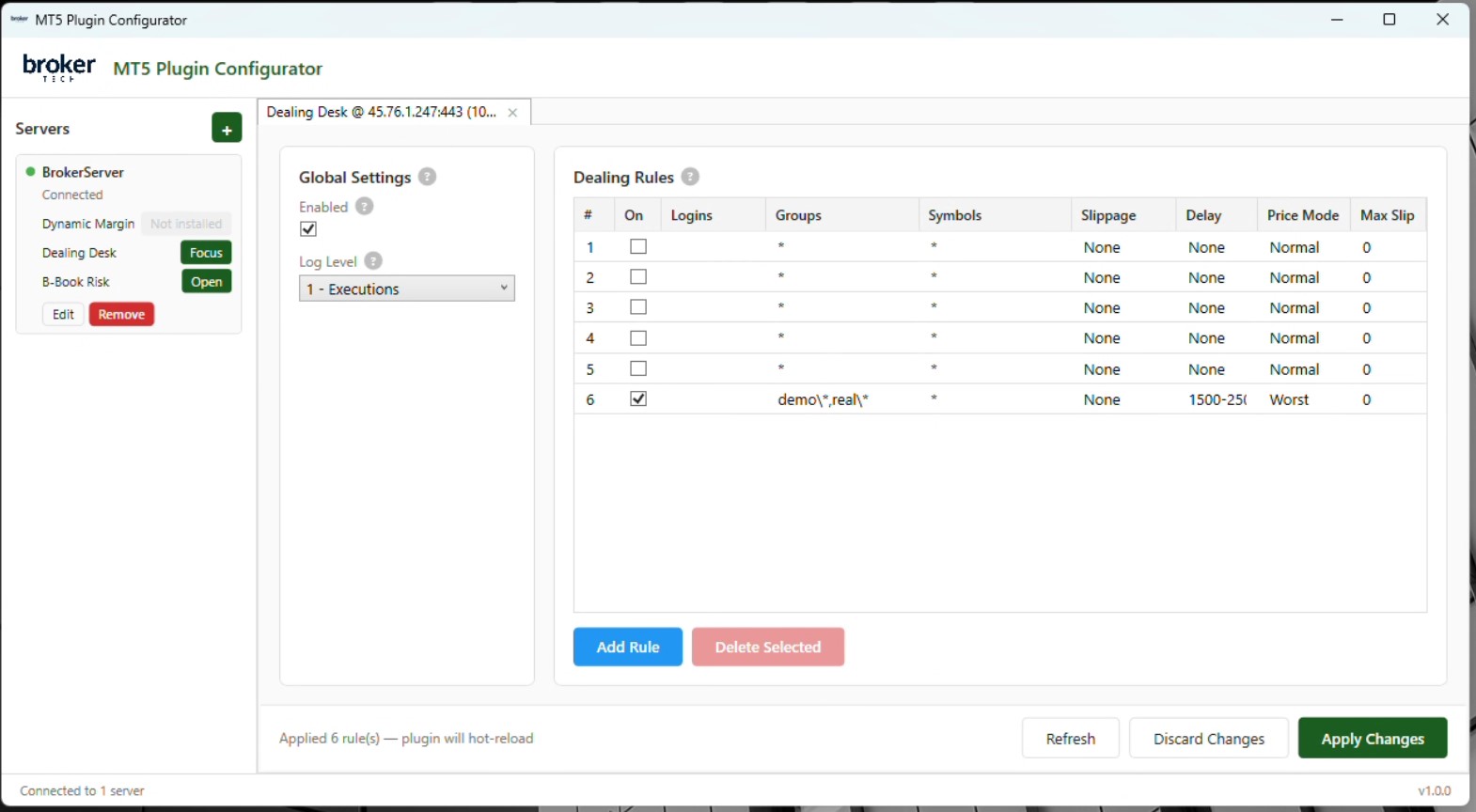 BrokerTech MT5 plugin configurator displaying DealingDesk execution rules