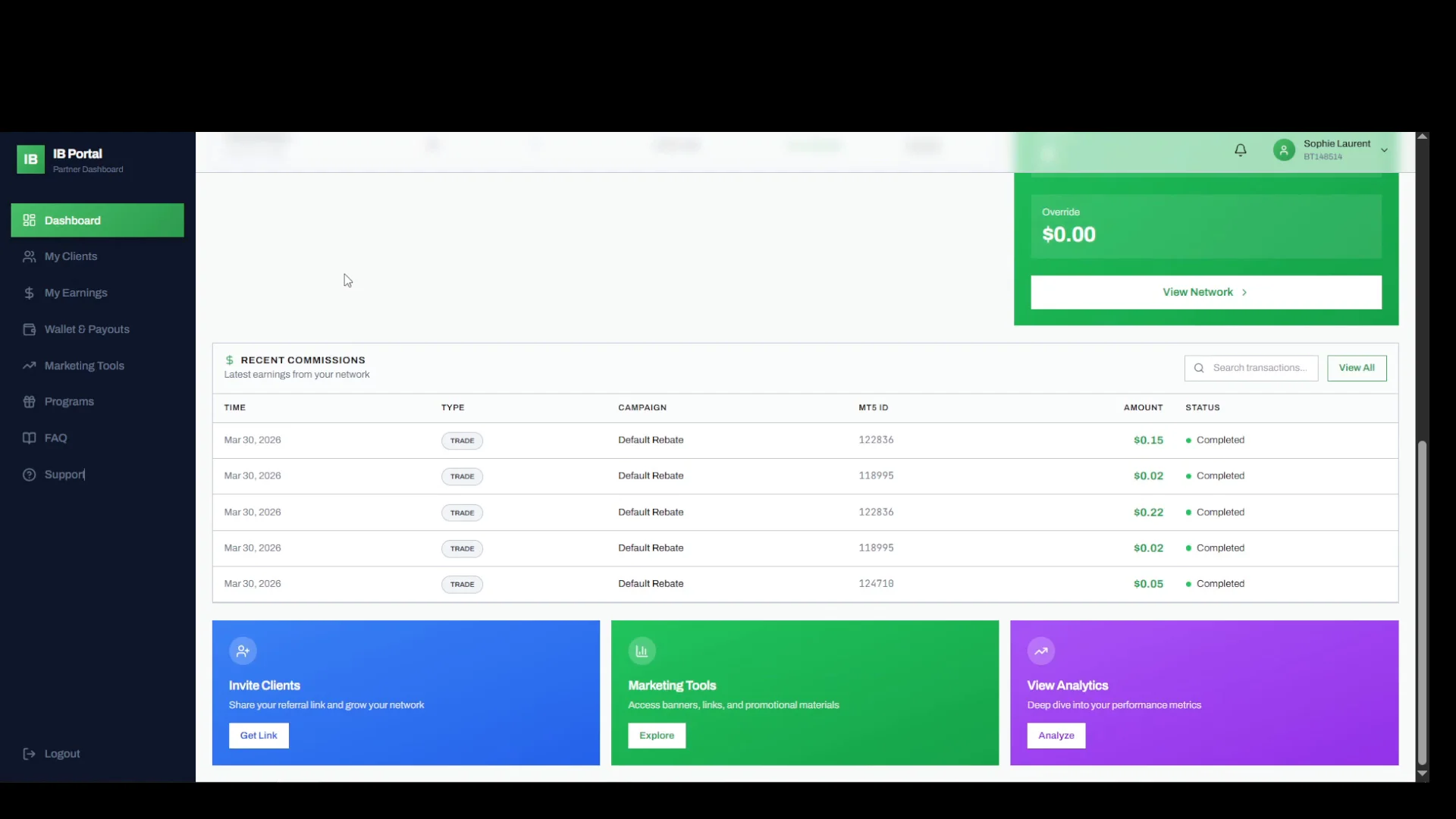 IB Partner portal dashboard with commission balance, recent earnings, and quick action cards