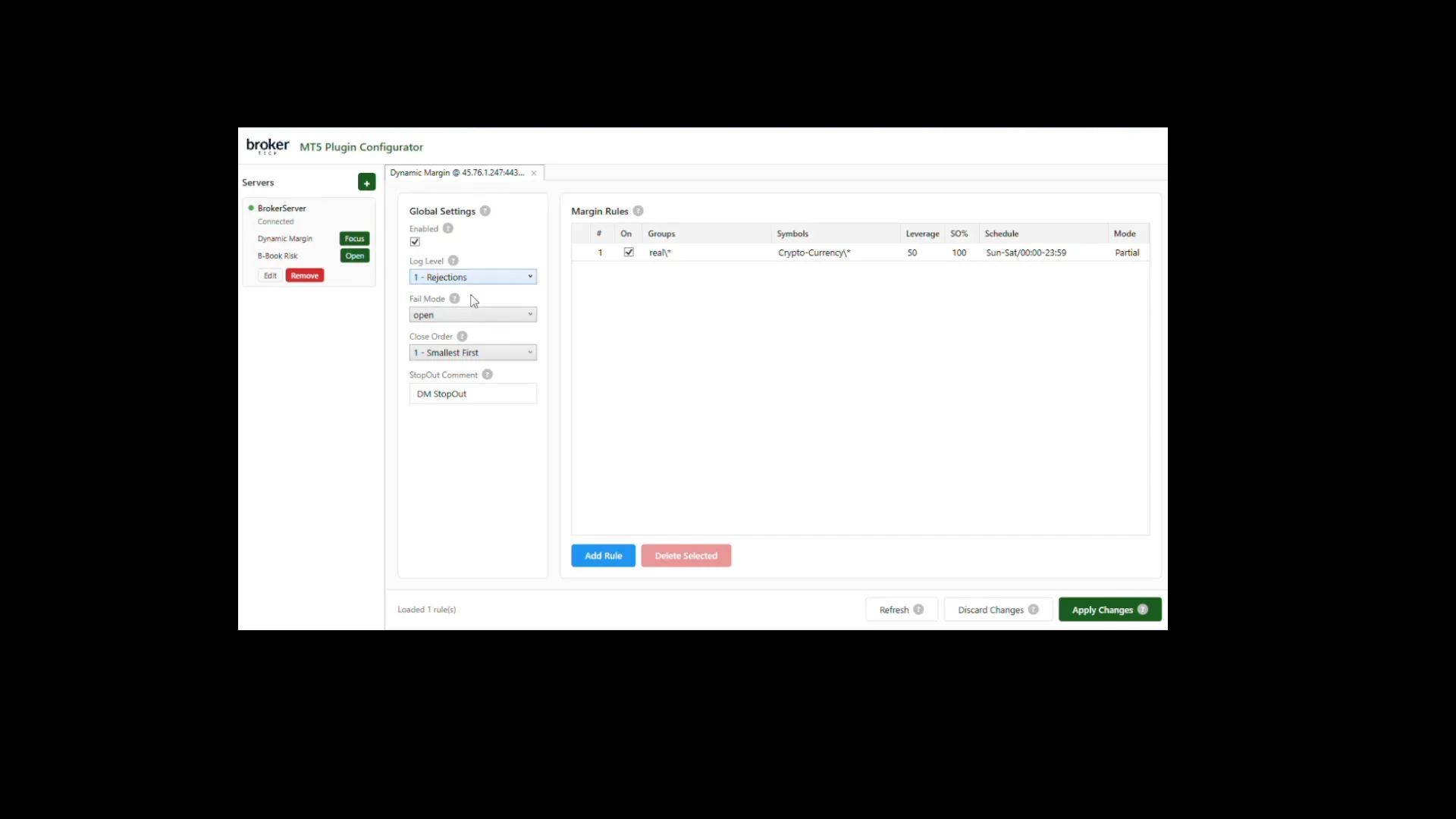 Dynamic Leverage margin rules table with group, symbol, leverage, schedule, and mode columns